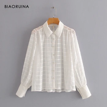 

BIAORUINA Women's Transparent Pleated Fabric Stripes Embroidery Fashion Shirt Beadings Casual All-match Blouse Tops