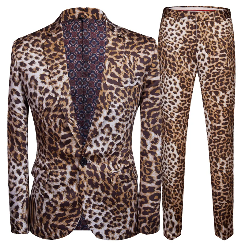 

New Style Men Printed Leopord Pattern Suit Korean-style Slim Fit Single West Set Casual Flower Coat Nightclub MC Men'S Wear Show