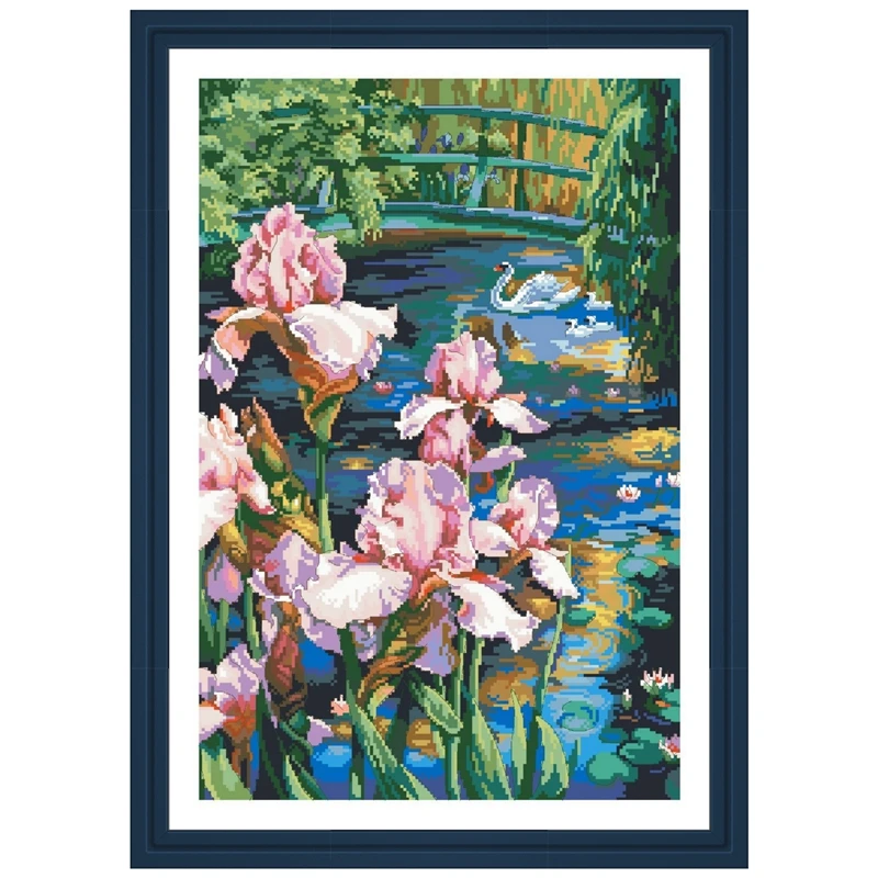 Iris And Swan Counted Crossstitch Kit Flower Embroidery Needlework