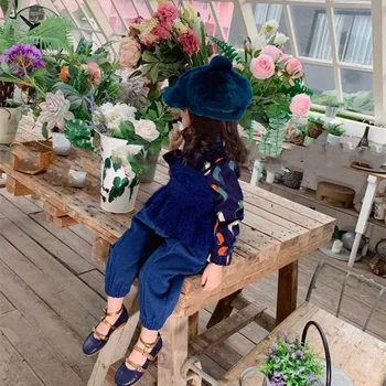 

Girls' Baby Blouse New Autumn Fashion Lotus Leaf Collar Shirt Corduroy Bird Pattern Sweet Blouse+ Faux Fur Vest+Pants