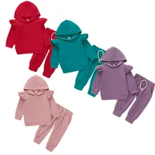 Новинка, 4 цвета, однотонные хлопковые топы с капюшоном для маленьких девочек, штаны, спортивный костюм комплект одежды из 2 предметов