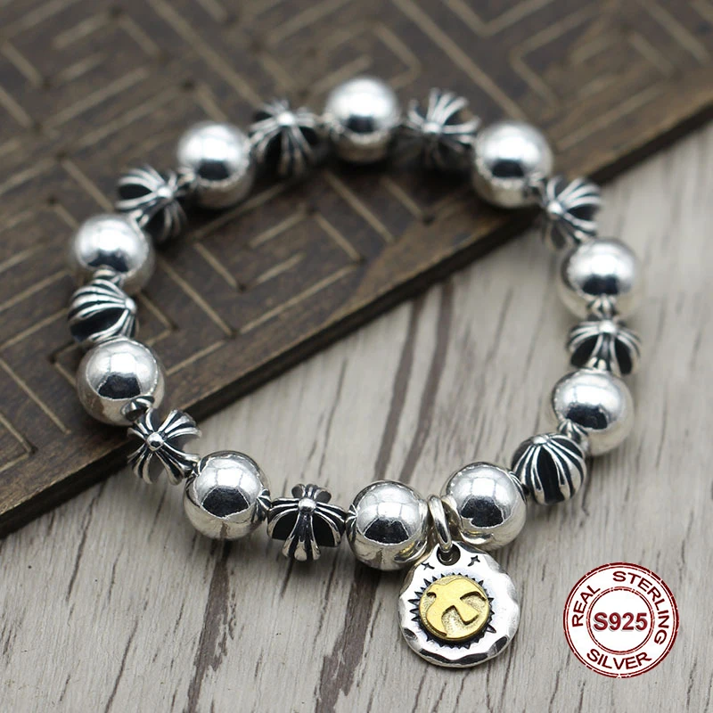 

S925 Sterling Silver Bracelet Personality retro hip hop Smooth cross beads Classic simple punk style Send a gift to love