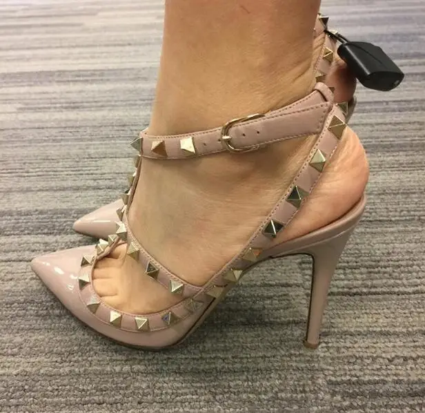 Hot SaleDesigner Pointed Toe 2Strap with Studs high heels Patent Leather rivets Sandals Women Shoes valentine high heel Shoes