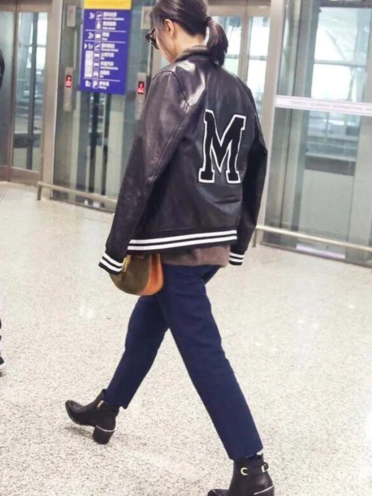 Italy Fashion Spring Autumn Fall Clothing Women's Natural Real Genuine Sheepskin Lambskin Leather Coat Couple Jacket Black XXXl