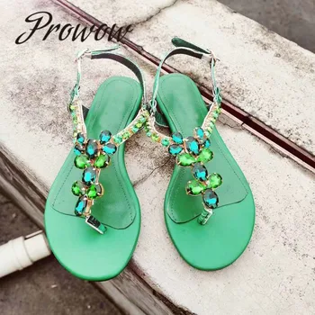 

Prowow New Summer Genuine Leather Branded Crystal Jewel Beading Sandals Open Toe Beach Street Exotic Sandals Shoes Women