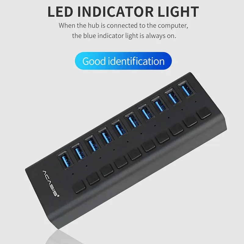 Acasis USB 3,0 концентратор с адаптером питания EU/US/UK 10 портов высокоскоростной USB3.0 концентратор расширитель с переключателем для ПК