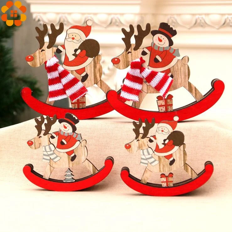 

1PC Santa Claus With Deer 2 Sizes Christmas Snowman Trojan Wooden Pendants Xmas Tree Deer Ornaments Christmas Party Decoration