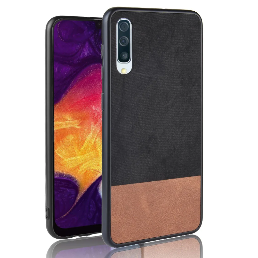 For Samsung Galaxy A50 Case Retro Denim Fabric Skin PU Leather Phone Cloth Texture Soft Back Cover (N0709) |