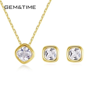 

Gem&Time Minimalism Suqare CZ Earrings Necklace Set 925 Sterling Silver Jewelry Set For Women Korean Crystal Necklace Jewelry