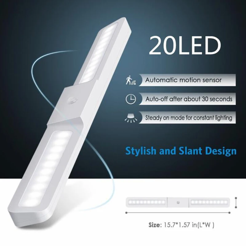 FUNN-Usb Перезаряжаемый 20 Led Pir датчик движения свет под шкафом шкаф Ночной светильник широкий угол 120 ° Ni