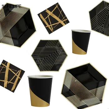 

Black Gold Foil Disposable Tableware Party Paper Plates Paper Tableware Golden Balloon Party Baby Shower Birthday Party Supplies