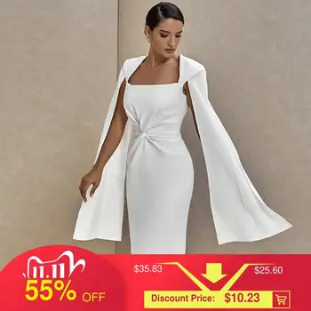 

Ocstrade Runway Crepe Portrait Twist Cape Sleeve White Bodycon Dress 2020 Fall Women Sexy Bodycon Dress Club Evening Party Dress