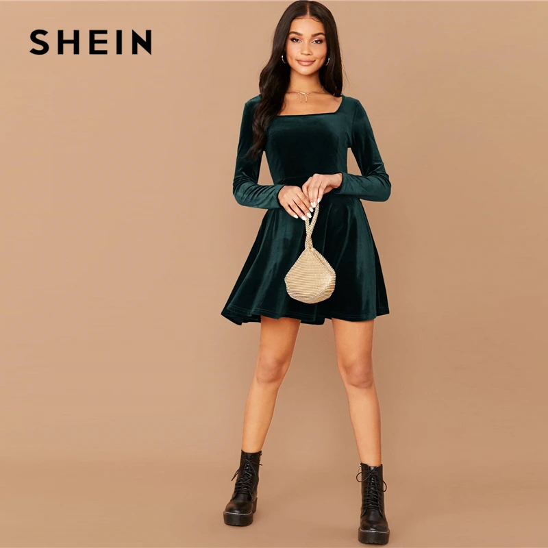 SHEIN однотонное элегантное бархатное платье с квадратным вырезом, женские весенние вечерние платья с высокой талией и длинным рукавом