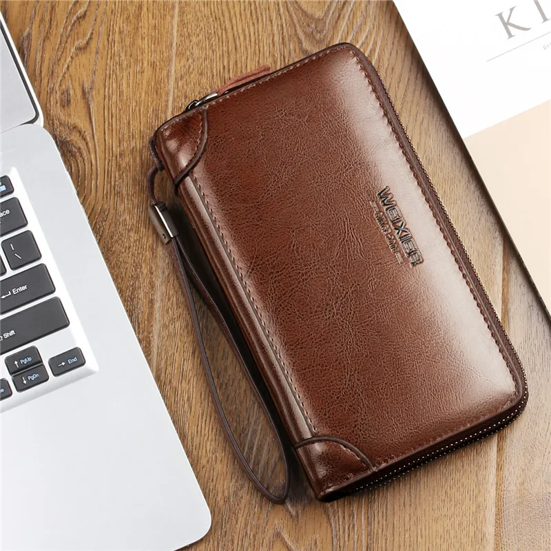 WEIXIER Leather Men's Clutch Bag Wristband Wallet Leather Men's Bag Wallet Leather Long Wallet With Coin Purse Men's Wallet