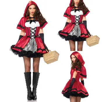 

COS Little Red Riding Hood Cosplay Costumes Carnival Masquerade Halloween Woman Red Dress cloak black Mesh Stockings Full set