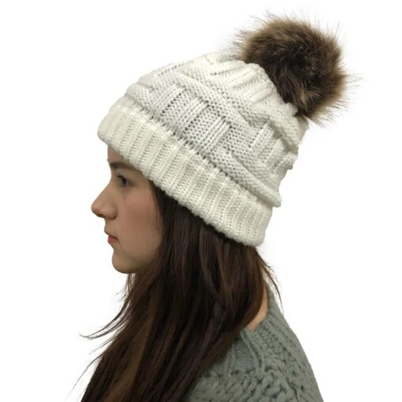 

Europe America Stripe Horsetail Knitted Cap Autumn Winter Brand Korean Woolen Yarn Fox Fur Ball Two Use Girl Women Hat Skullies