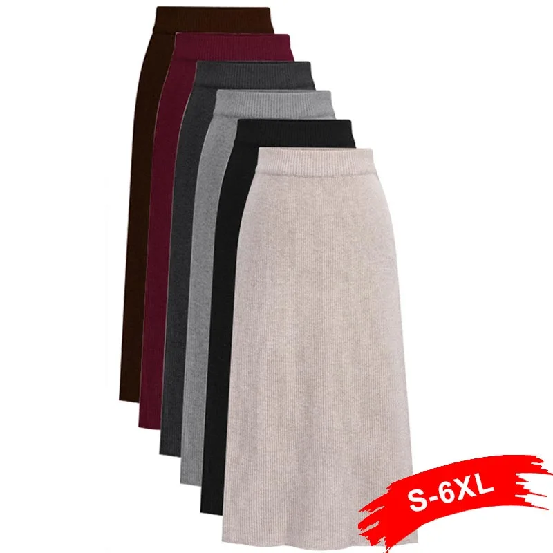 

Plus Size Women Back Slit Bodycon Elegant Midi Pencil Skirt 4Xl 5Xl High Waist Casual Knitted Skirts Womens Jupe Femme Faldas