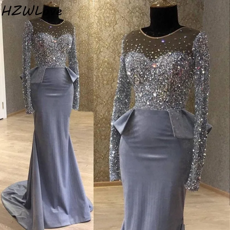 

Beaded Crystals Satin Mermaid Evening Dresses 2020 Sheer Neck Long Sleeves Party Gowns Peplum Mother Formal Wear Prom Dress