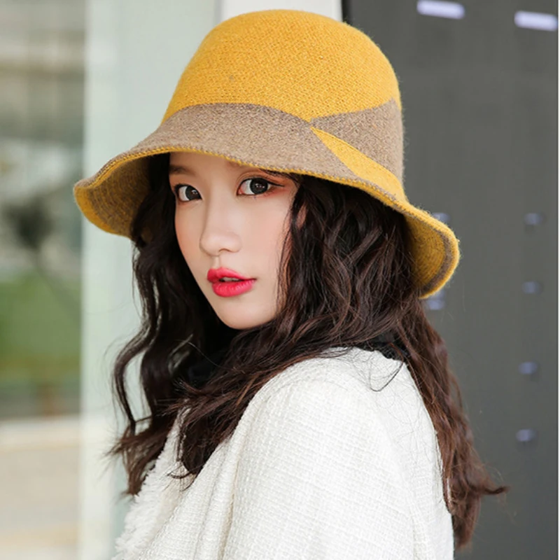 HT2768 New Fashion Knitted Hat Elegant Warm Autumn Winter Wool Hat Lady Wide Brim Bucket Hat Female Patchwork Fishing Bucket Cap