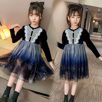 

Retro Baby Girls Dresses Gradient Color Long Puff Sleeve Kids Lace Princess Dresses Sequins Cute Children Clothes Party Wear