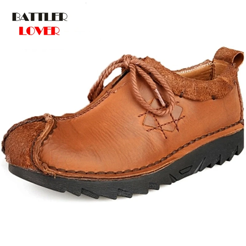 Men Cowhide Casual Shoes Sneakers 2019 High Quality Vintage 100% Genuine Leather Shoes Men Cow Leather Soft Flats Driving Shoes