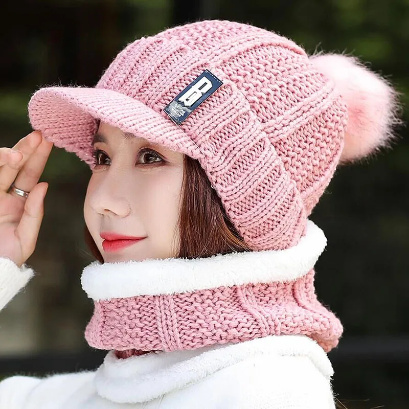 SUOGRY козырек B буквы вязаная шапка женская брендовая Высококачественная зимняя женская Лыжная шапка с кроличьим мехом помпоны шапки вязаный шарф - Цвет: pink