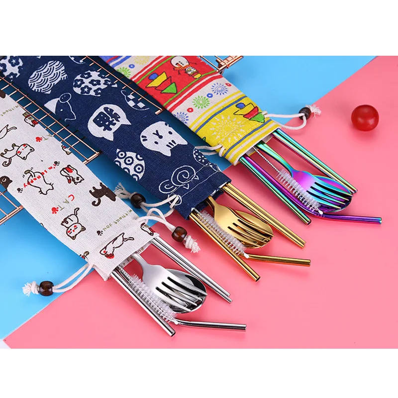 Stainless Steel Cutlery Set Five-piece Suit Linen Bag Tableware Travel Outdoor Office Picnic Barbecue 2019ing