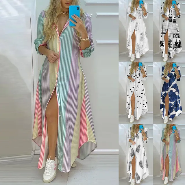 Women Stripe print Long Shirt Dress Fashion Boho Beach Button Big Maxi Dress Spring Summer 2022