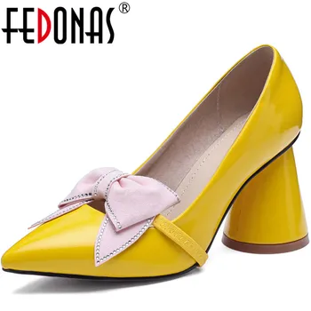 

FEDONAS Sweet Spring Summe Thick Heels Pumps Butterfly Knot Women Shoes Brand Design Party Prom Pointed Toe 2020 New Shoes Woman