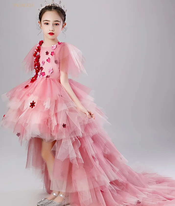 Hoge Lage Roze Leuke Bloem Meisjes Jurken Birthday Party Jurken Met 3 D Kant Applique Bloemen Kant Custom Made Jurk lange Trein Hoge Lage Roze Leuke Bloem Meisjes Jurken Birthday Party Jurken Met 3 D Kant Applique Bloemen Kant Custom Made Jurk lange Trein