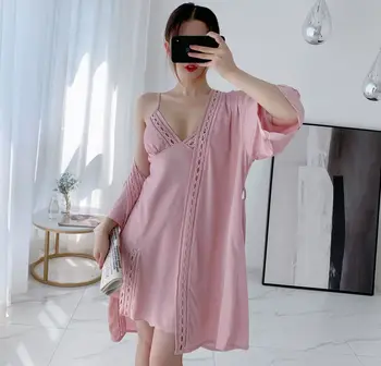 

Sexy Mini Women Nighty&Robe Set Nightgown Hollow Out Nightdrerss Bath Gown Summer Casual Satin 2pcs Sleepwear Intimate Lingerie