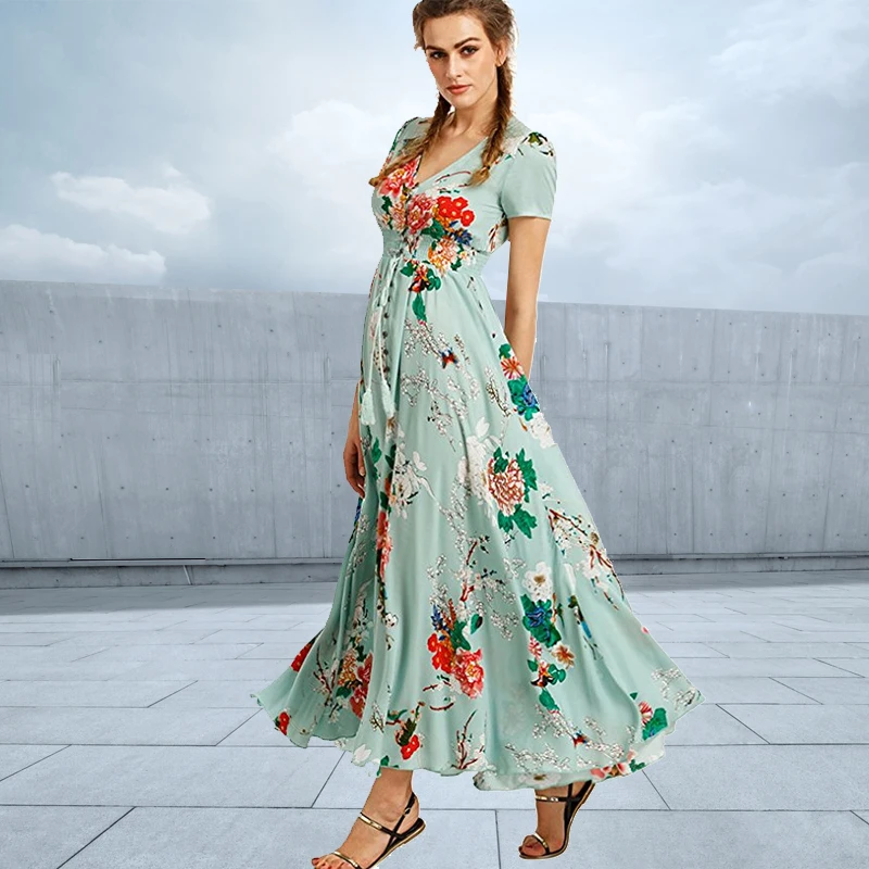 Женское шифоновое платье макси с цветочным принтом V образным вырезом и рукавом