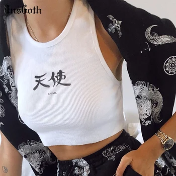 

InsGoth White Sleeveless Crop Tank Tops Women Sexy Bodycon O-neck Camis Summer Casual Print Female Tops Harajuku Tees