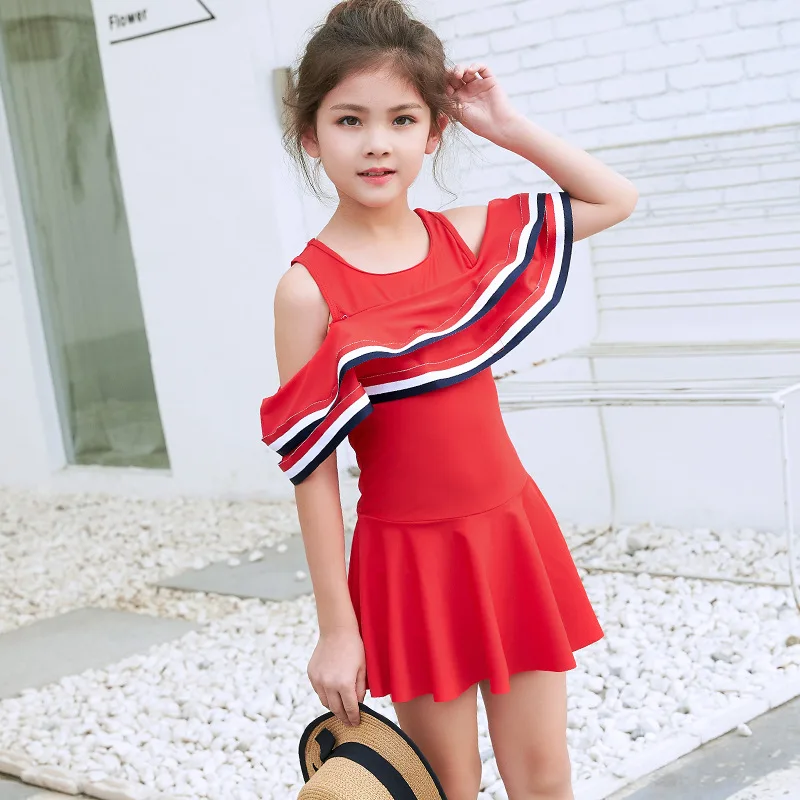 

2019 New Style Hot Sales KID'S Swimwear Dress-Solid Color Flounced Big Boy Little Princess Girls Swimwear