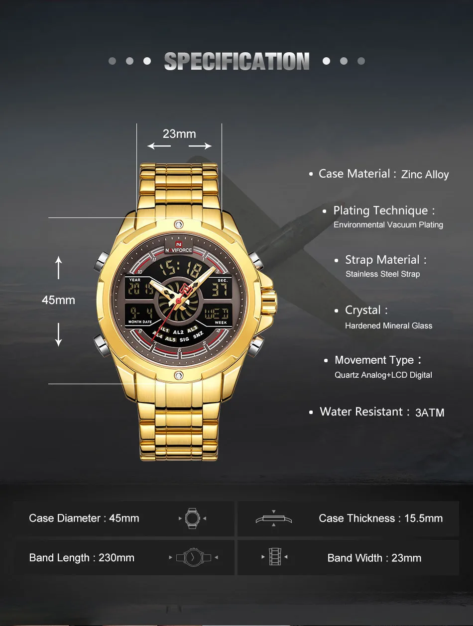 NAVIFORCE Sport Men Watches Fashion Digital Quartz Wrist Watch Steel Waterproof Dual Display Date Clock Gold Relogio Masculino