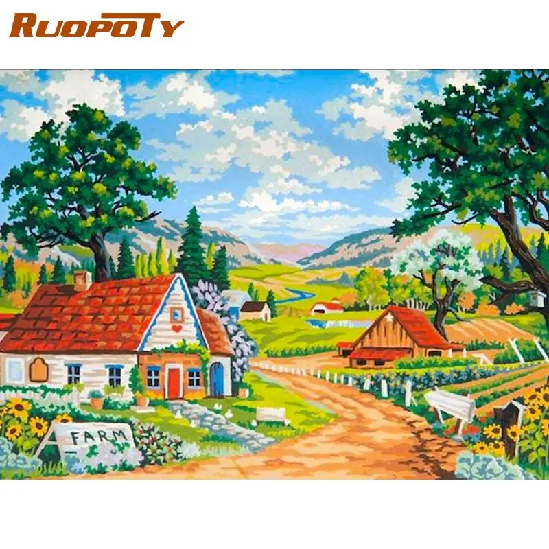 

RUOPOTY DIY Frame Painting By Number Kits Village Trail Picture Drawing Coloring By Numbers Acrylic Paint For Home Decors