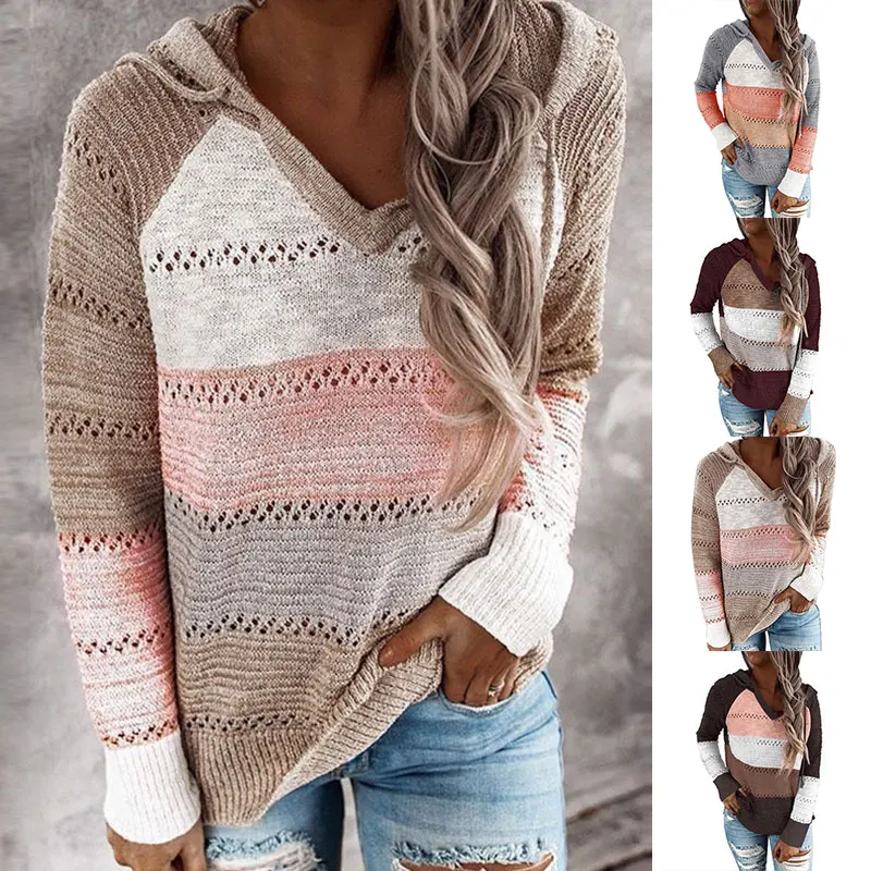2020 fashion Autumn Knitted Hooded Striped Sweaters Top Long Sleeve Women Hollow Out Patchwork Pullovers Female Sweater