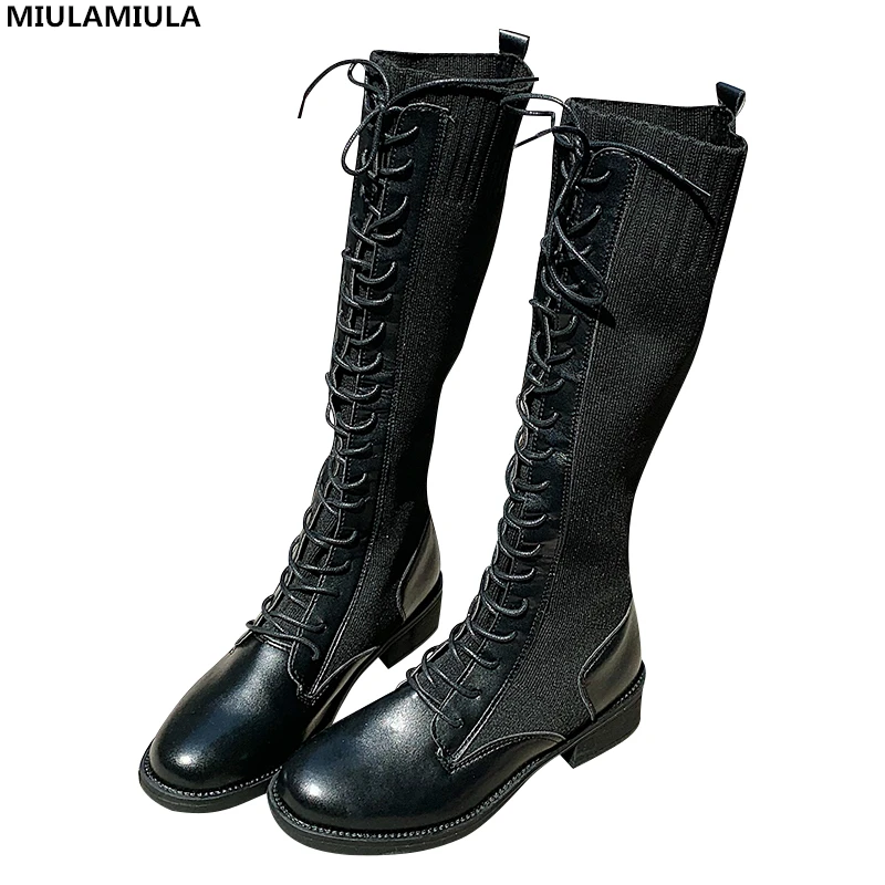 

MIULAMIULA Brand Designers 2019 Winter New Luxury Black Genuine Leather Lace Up Over The Knee Woman Warm Sock Boots Lady Shoes