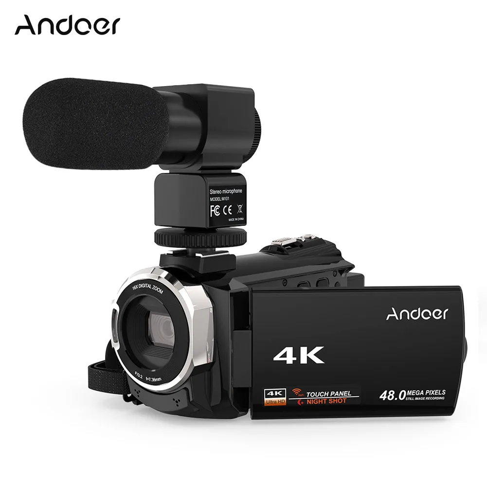 Andoer 4K 1080P 48MP WiFi цифровая видеокамера регистратор с внешним микрофоном сенсорный экран ИК инфракрасный - Цвет: Черный