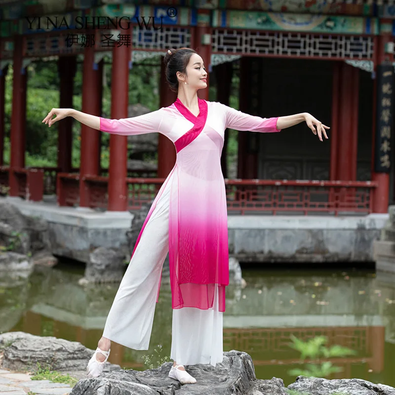 

Classical Dance Costume One Piece Flowing Dress Cheongsam Design Gradient Color Light Weight Lrregular Top Performance Blouse