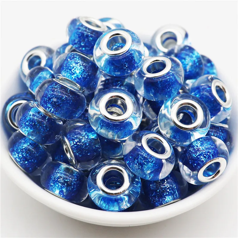 

10Pcs Clear Color Glitter Powder Large Hole Round European Spacer Beads fit Pandora Bracelet Chain Necklace for Jewelry Making