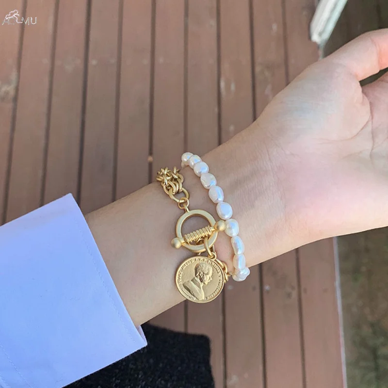 AOMU 1 комплект, ручная работа, барокко, золото, чеканка, монета, натуральный пресноводный жемчуг, браслет, застежка, портрет, браслеты для женщин, подарок