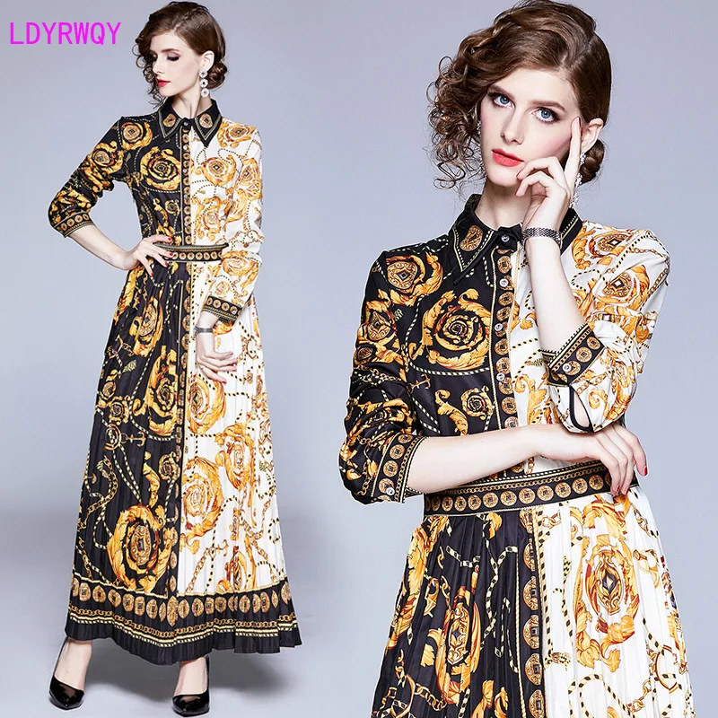 

2019 autumn and winter new European and American contrast color stitching chain positioning printing waist pleated dress