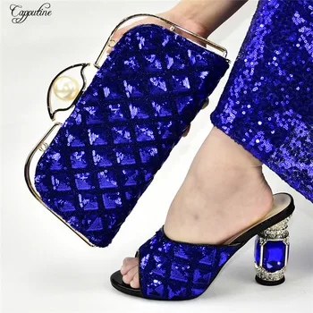 

Beautiful royal blue African high heel sandal shoes with handbag sets decorated with sequins 398-1, heel height 10.5cm