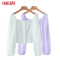 Tangada Women Retro Purple Crop Romantic Blouse Shirt Long Sleeve 2021 Chic Female Shirt Tops 8H77