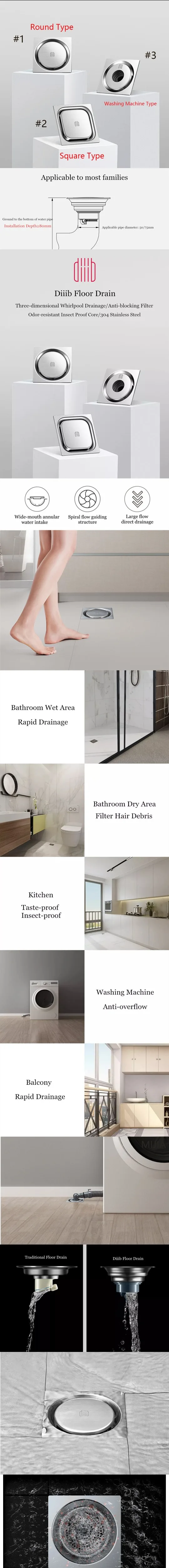 Xiaomi Mijia Dabai Floor Sink Drain Plugs Stainless Steel Swivel Drain Anti Blocking Filter Dining Room Kitchen Bathroom