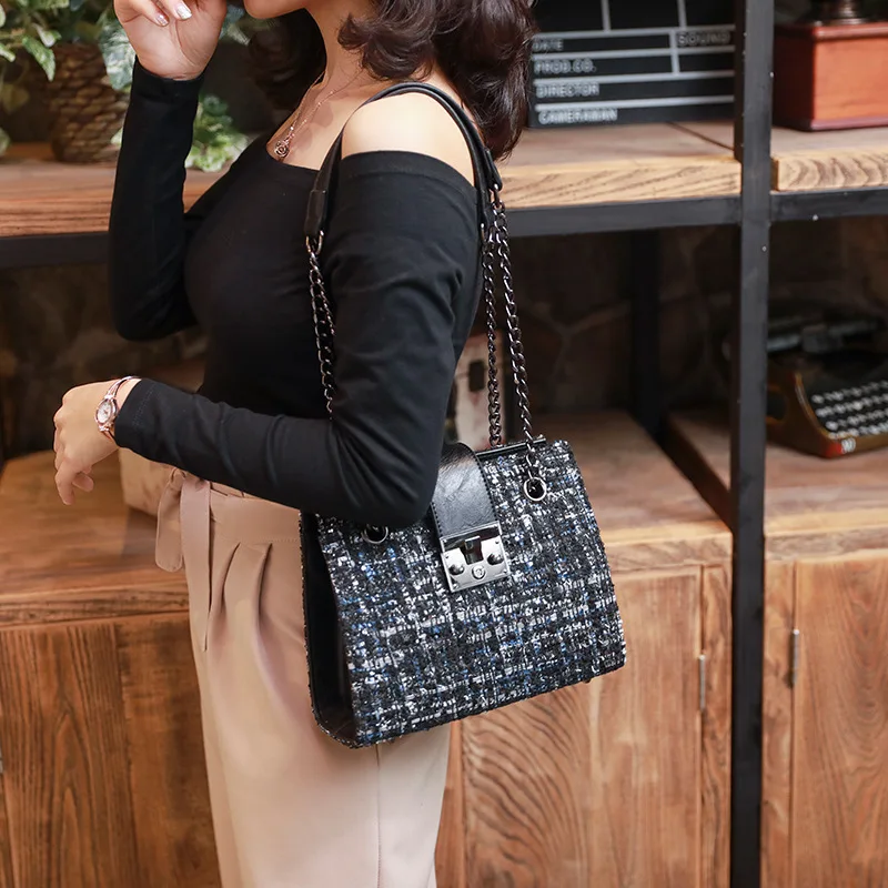 

2019 New Style Korean-style Woolen Cloth Lattice WOMEN'S Shoulder Bag Versatile Shoulder Chain WOMEN'S Bag a Generation of Fat