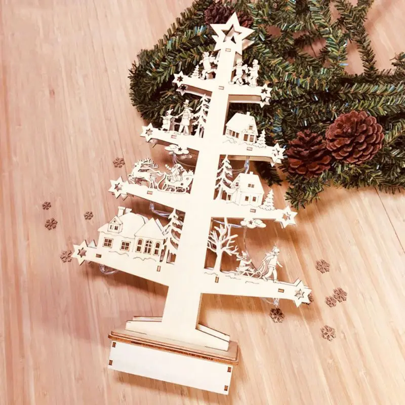 Wooden Christmas Ornament Xmas Tree with LED String Light DIY Craft Table Holiday Decoration New Year Toys Kids Gift