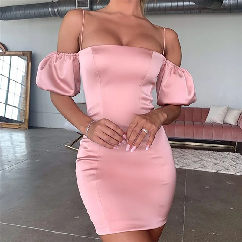 Ladies Solid Spaghetti Strap Dress Elegant Bodycon Puff Sleeve Women