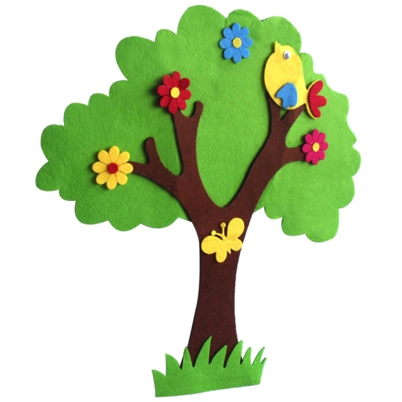T-N Big Green Bird Tree Nonwoven Felt Package Wall Stickers Creative Rainbow Cartoon Wall Decor for Kindergarten Children Room